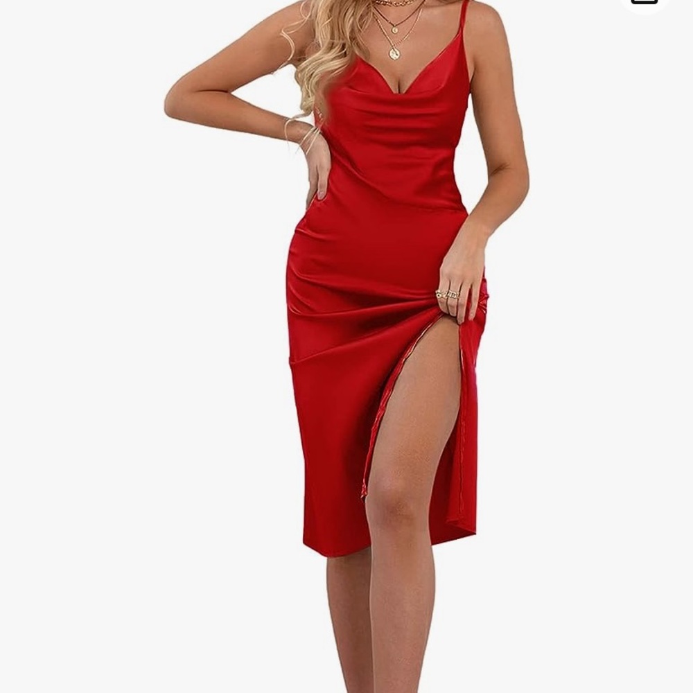 Women's Satin Drape Cowl Neck Strappy Cami Split Slit Party Midi Red Dress